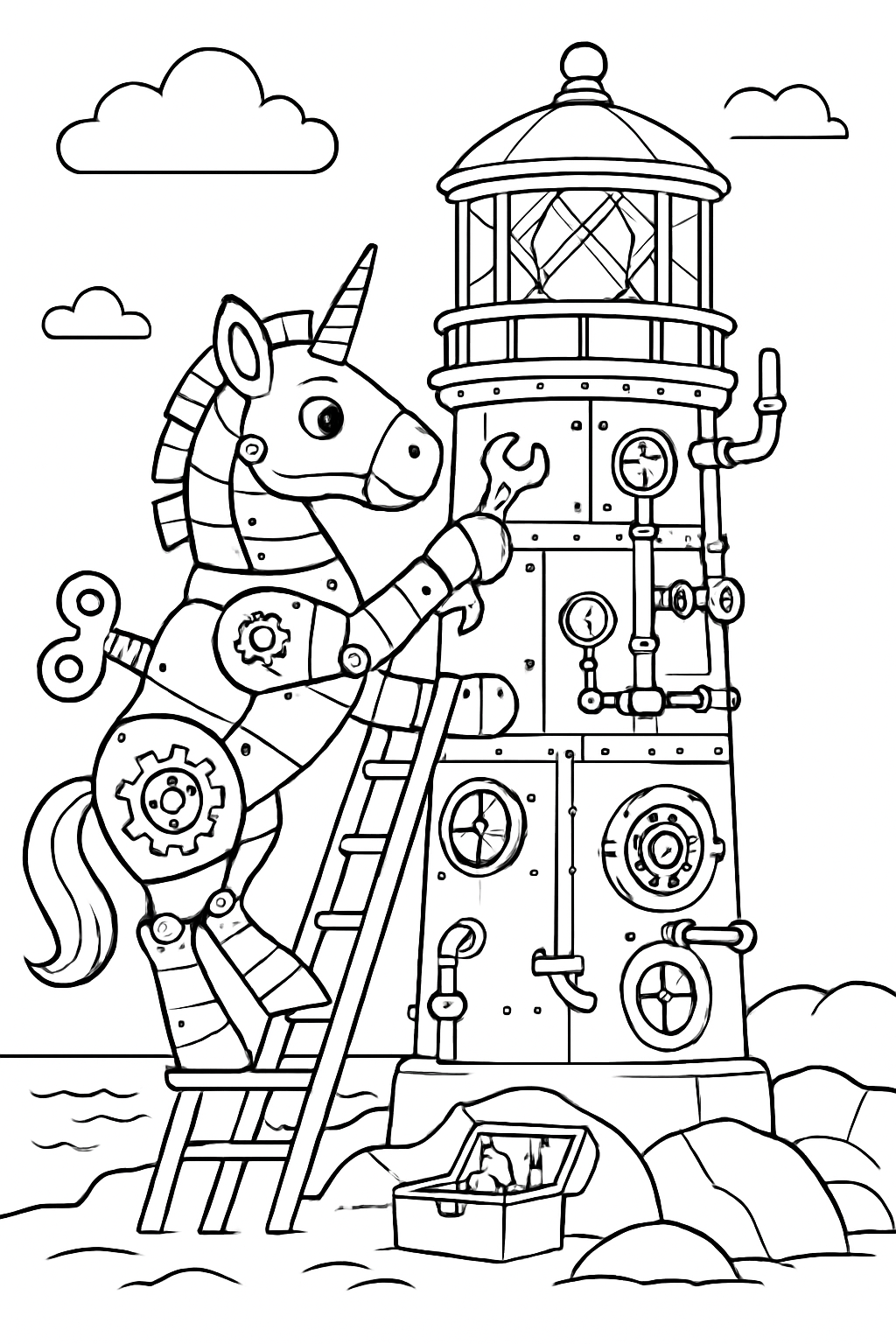 clockwork unicorn repairing a steampunk lighthouse