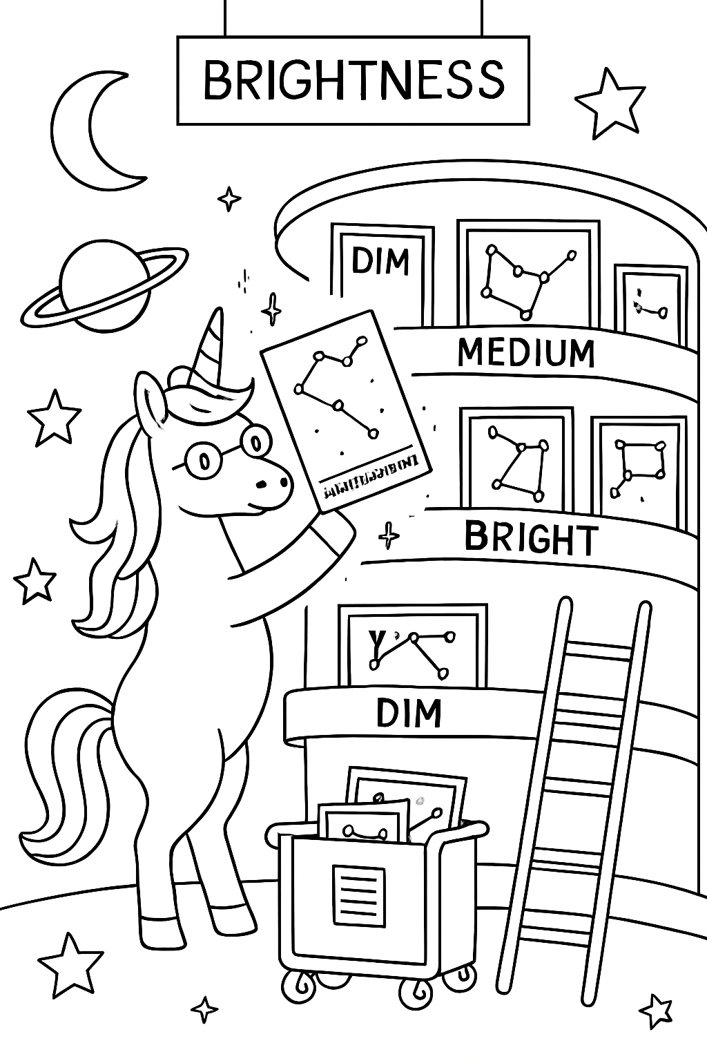 astral librarian unicorn shelving constellations by brightness