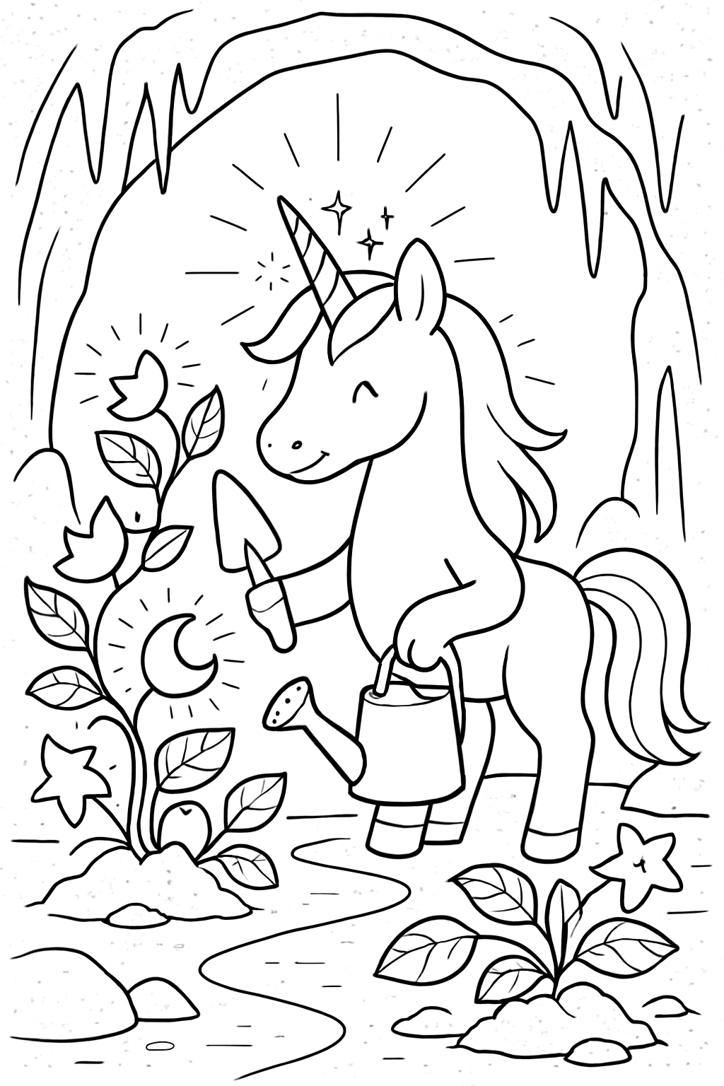 bioluminescent unicorn gardening moonflowers in caves