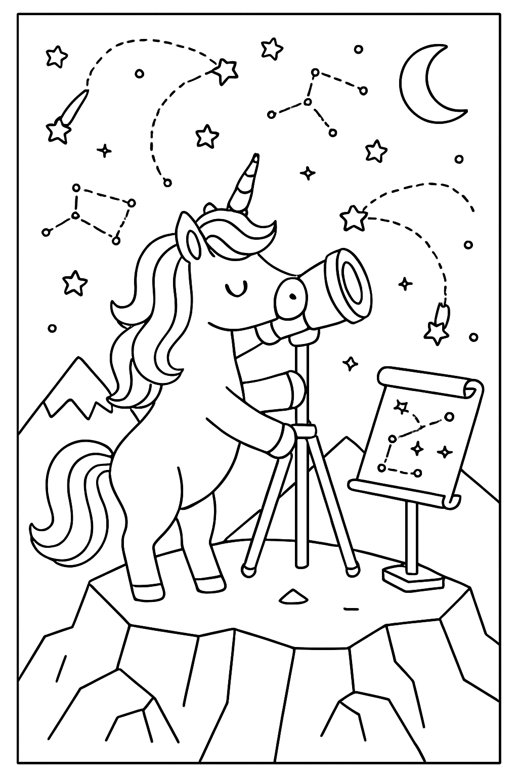 mountaintop astronomer unicorn charting comets' secret paths