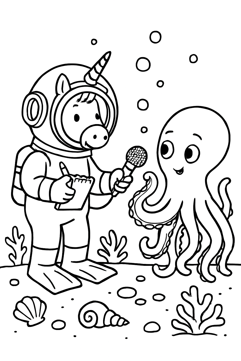 deep-sea researcher unicorn interviewing curious octopus