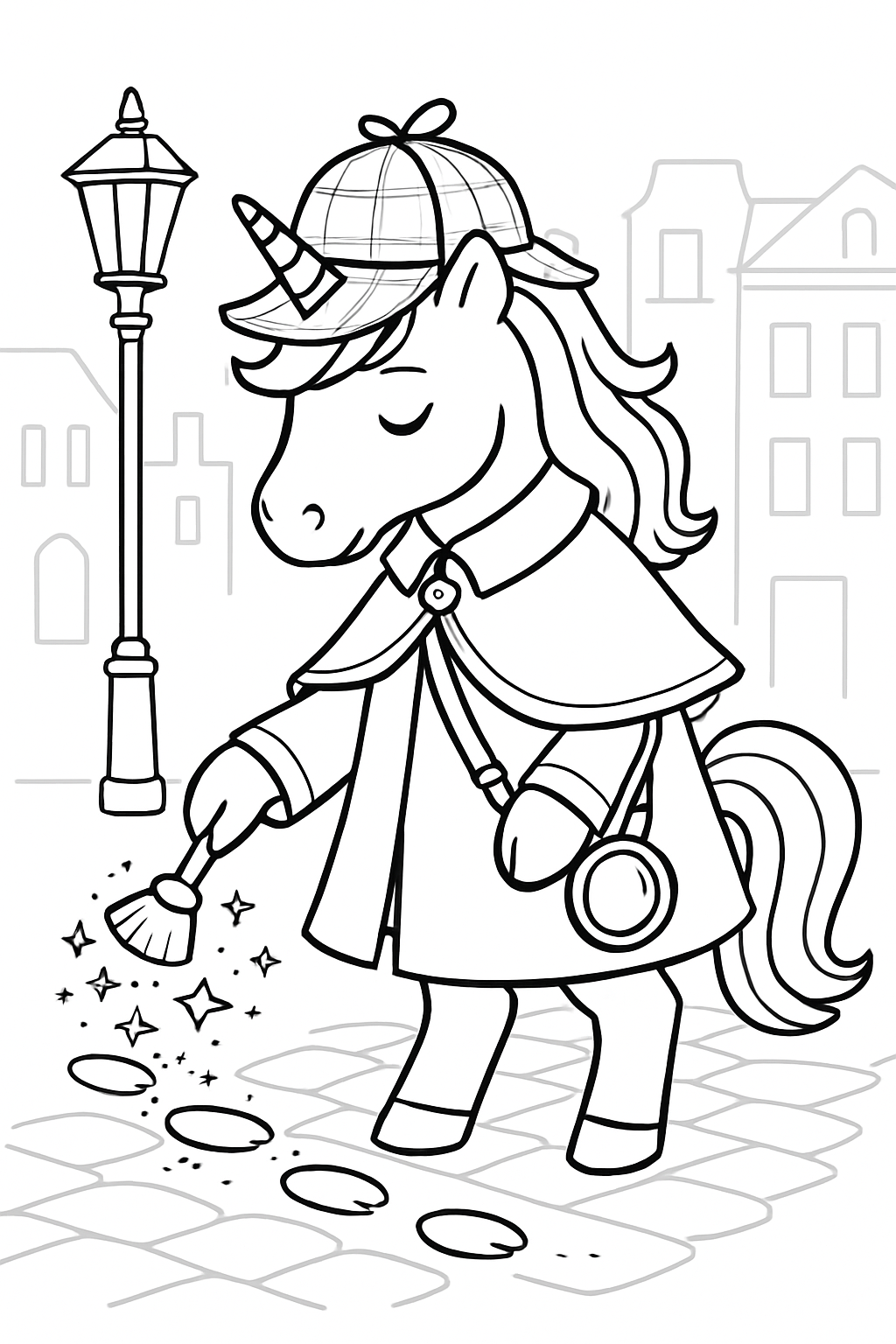 victorian detective unicorn dusting clues with stardust