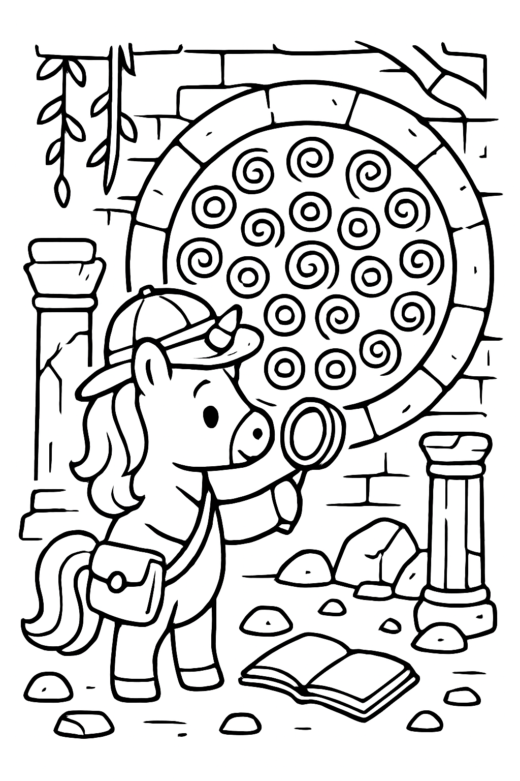ancient ruins explorer unicorn translating spiral runes