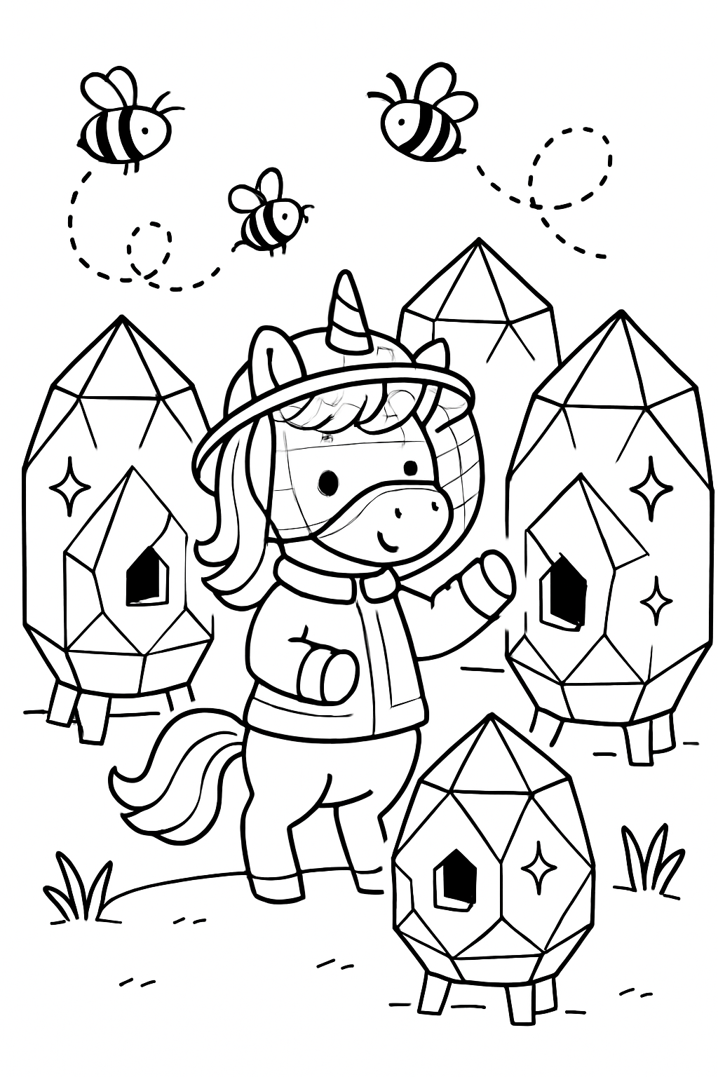 miniature beekeeper unicorn directing crystalline hives