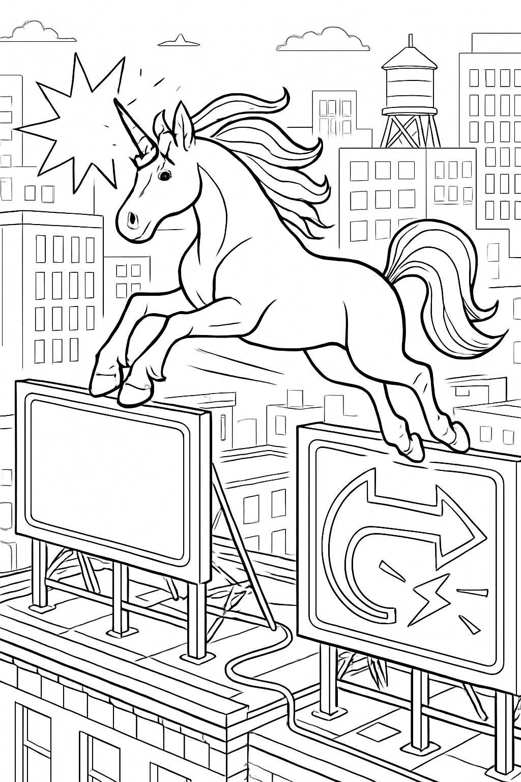 city parkour unicorn vaulting between neon billboards