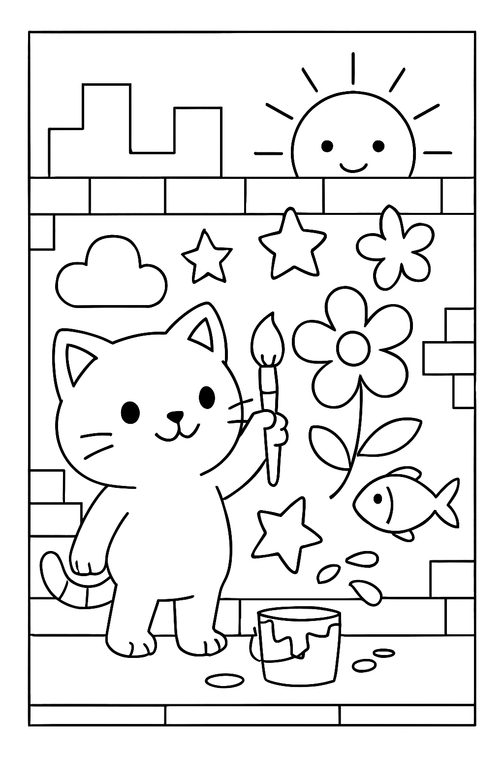 cat painting a mural on city wall