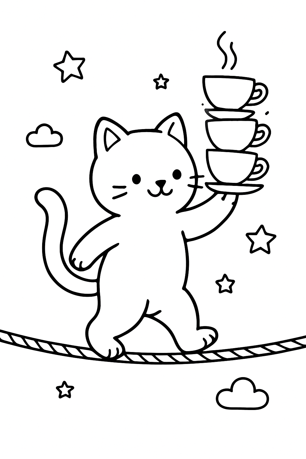 cat balancing teacups on a tightrope
