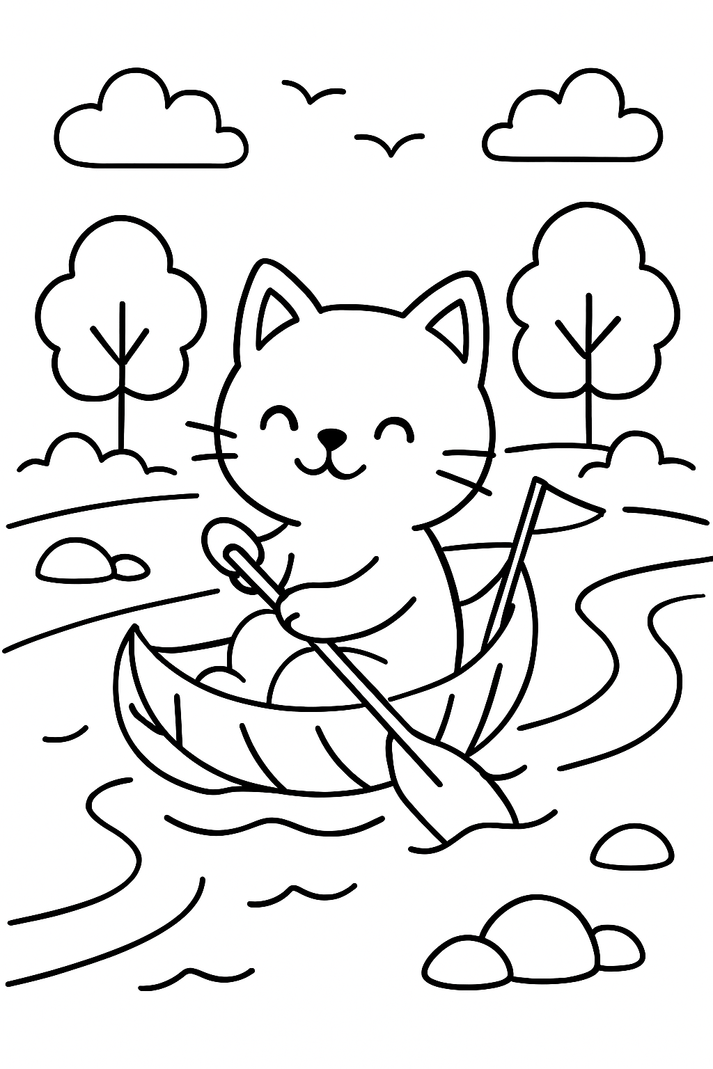 cat sailing a leaf boat down river