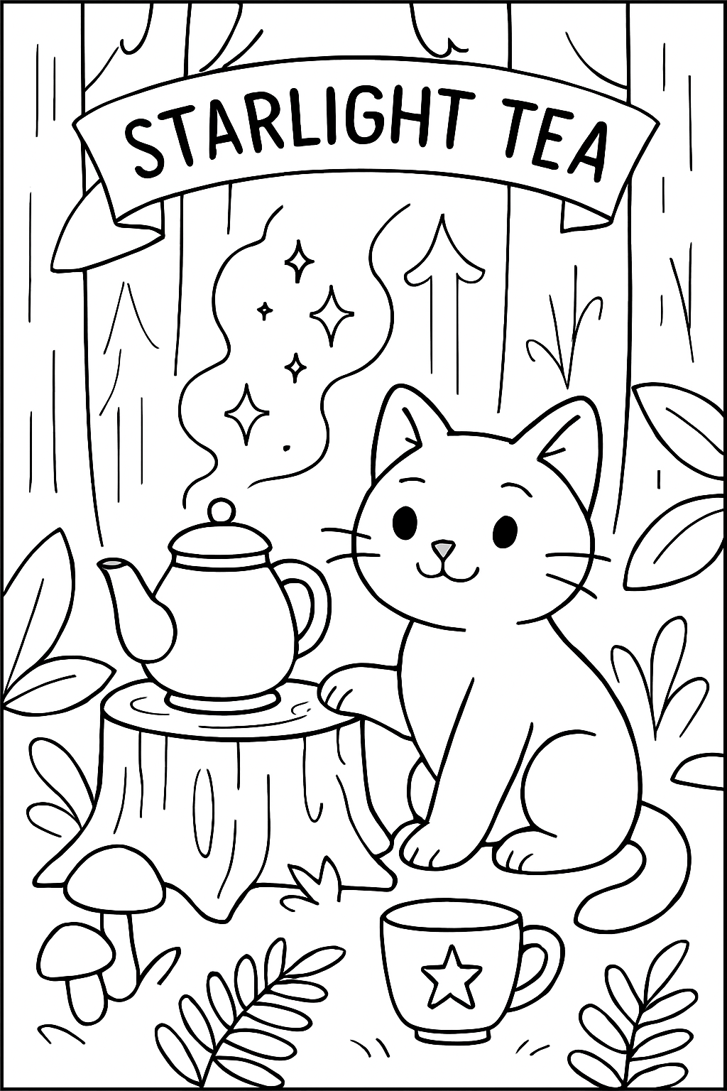 cat brewing starlight tea in forest