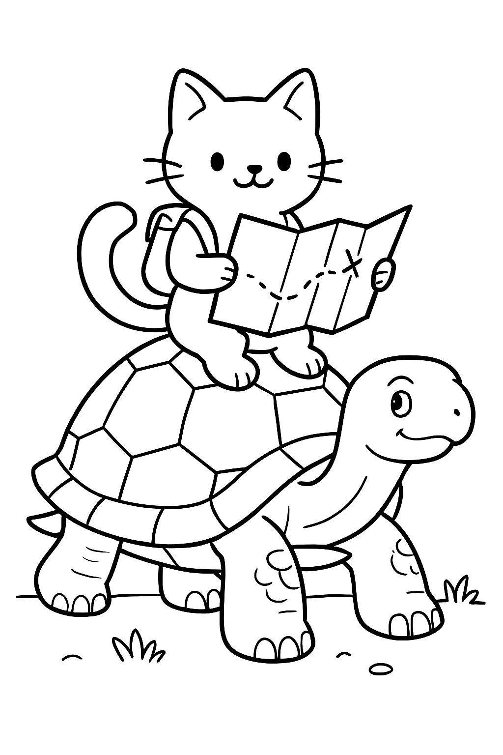 cat reading map atop giant tortoise