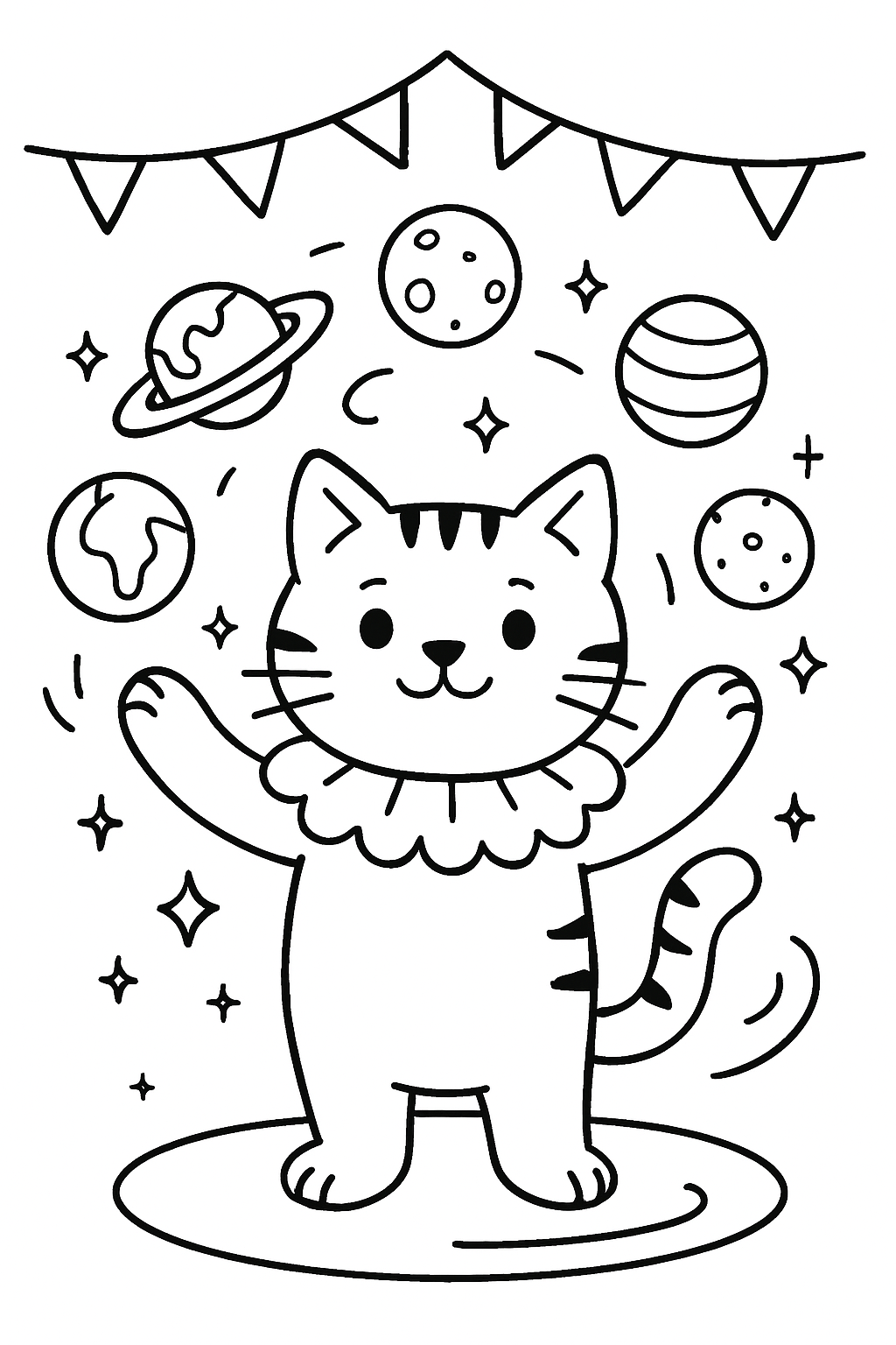 cat juggling planets in cosmic circus
