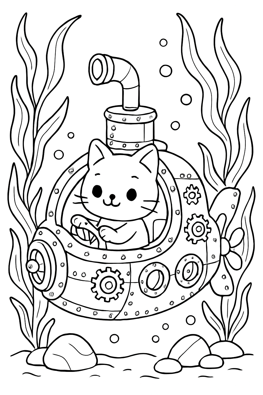 cat piloting a clockwork submarine through kelp