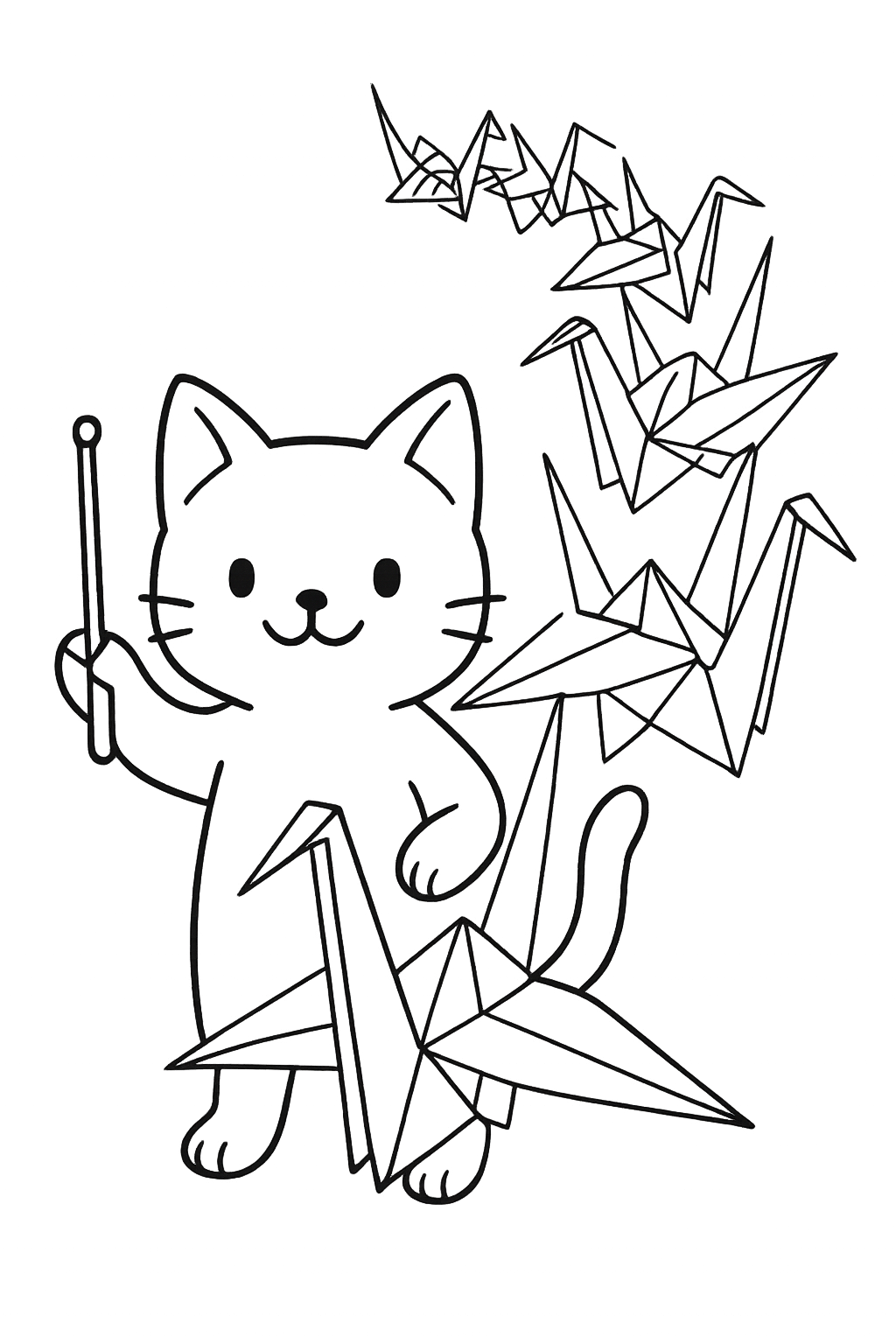 cat commanding a parade of origami cranes