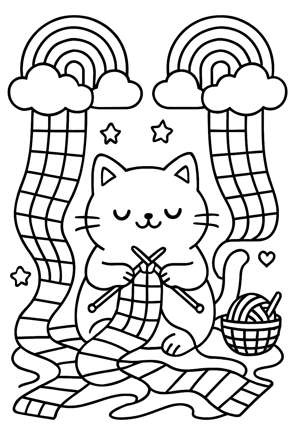 cat knitting scarves from rainbow clouds