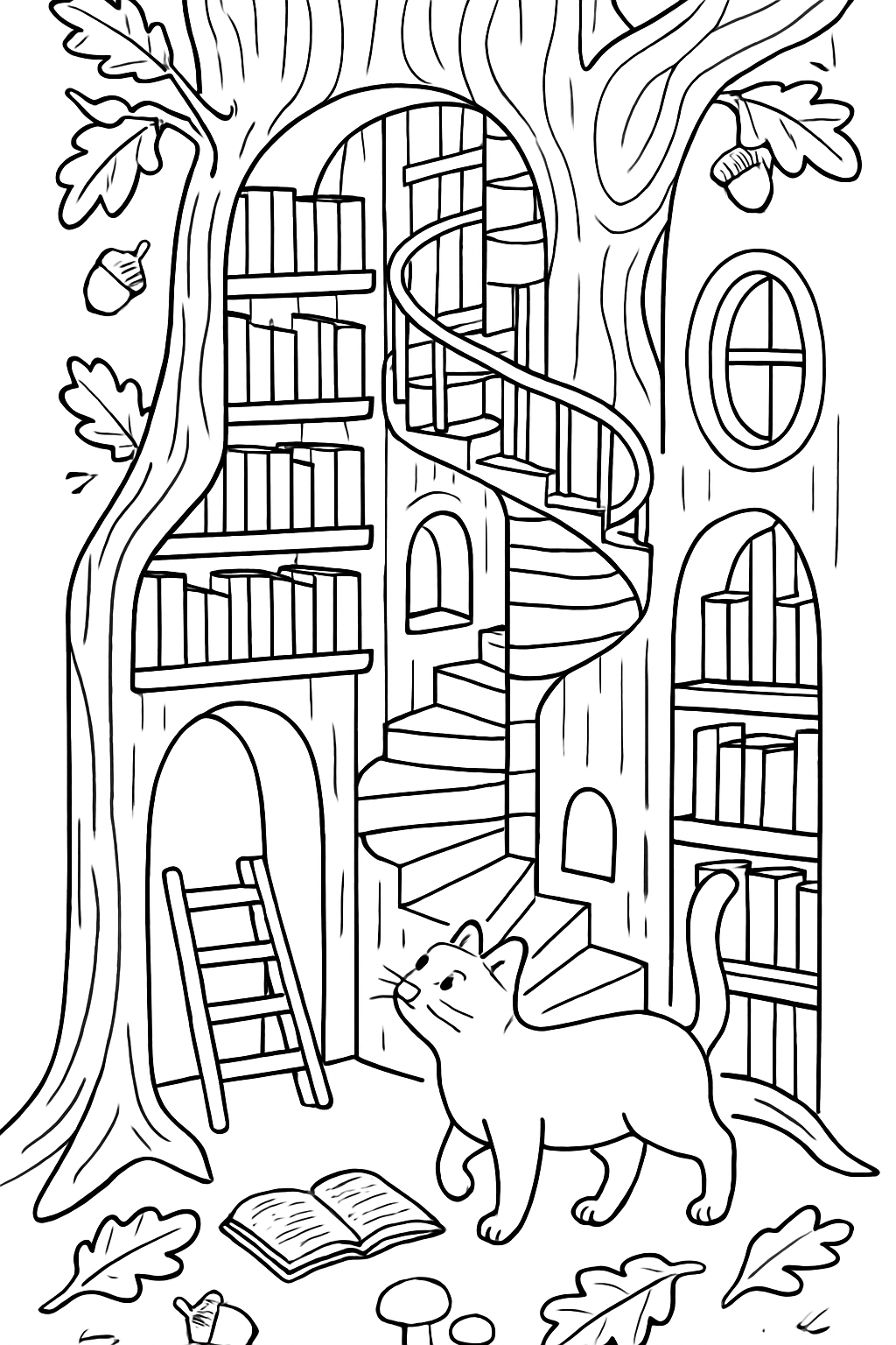 cat exploring library inside ancient hollow oak