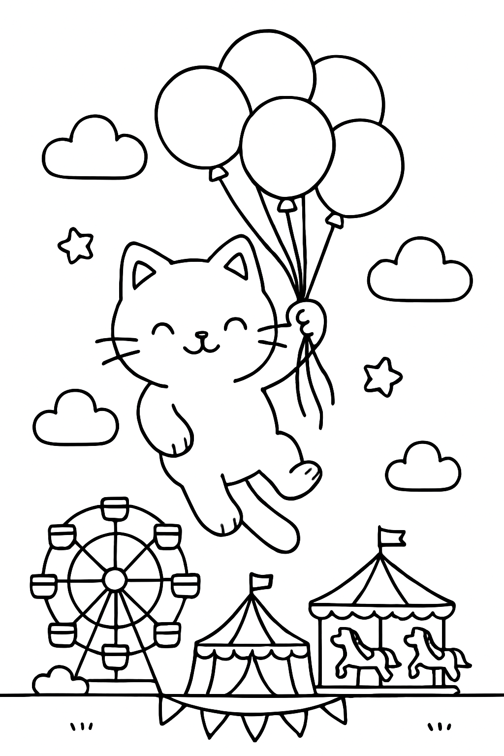 cat floating with balloons over carnival