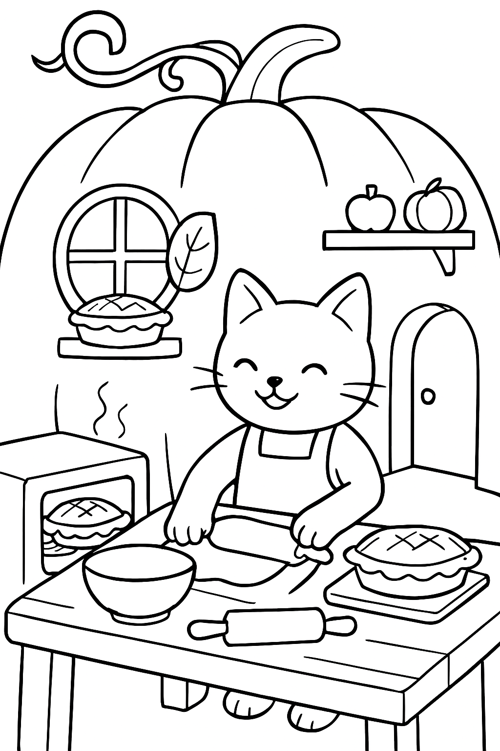 cat baking pies in a pumpkin cottage