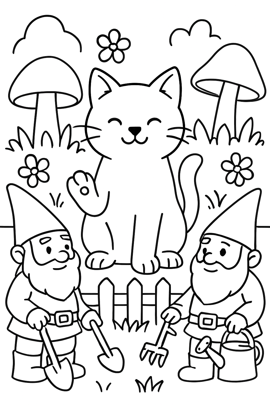 cat negotiating truce between warring garden gnomes