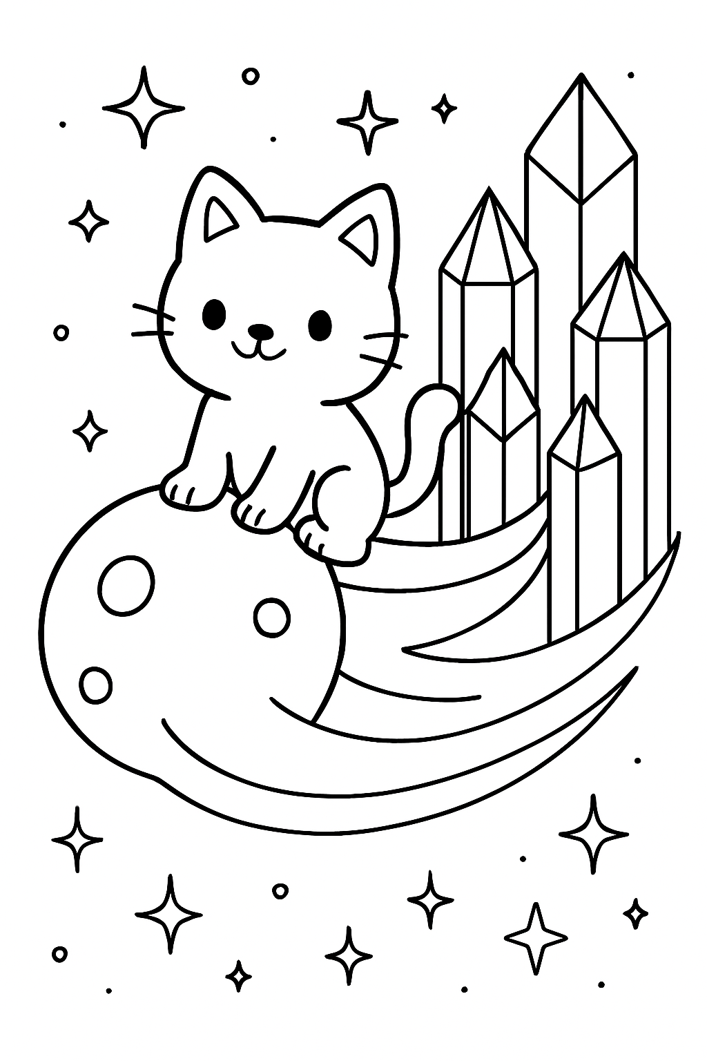 cat riding a comet past crystalline towers