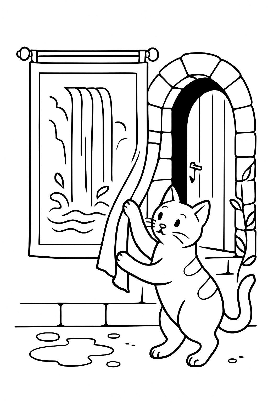 cat unveiling a doorway behind waterfall tapestry