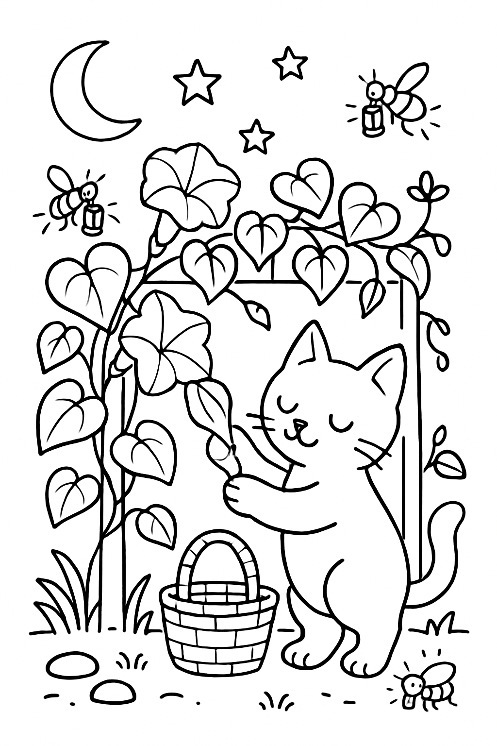 cat harvesting moonflowers with lantern-lit beetles