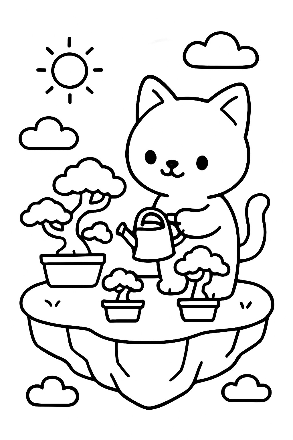 cat tending bonsai trees on floating island