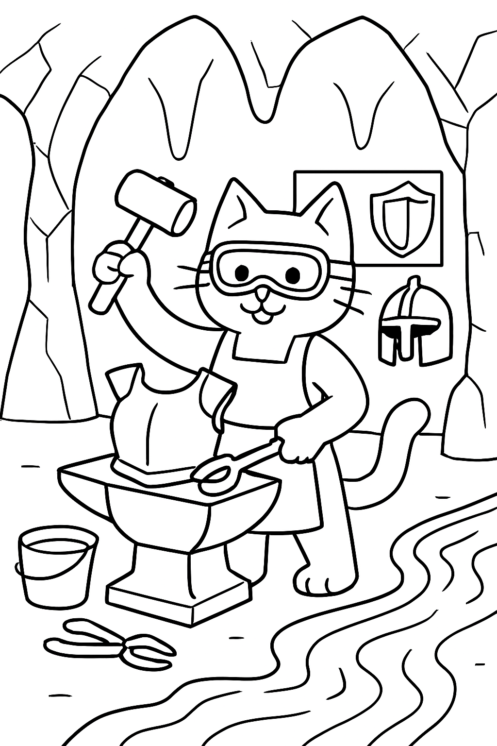 cat forging armor inside volcano blacksmith shop