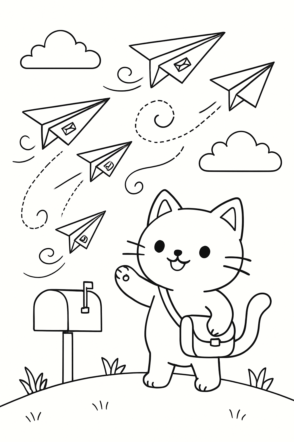 cat mailing letters via windblown paper airplanes