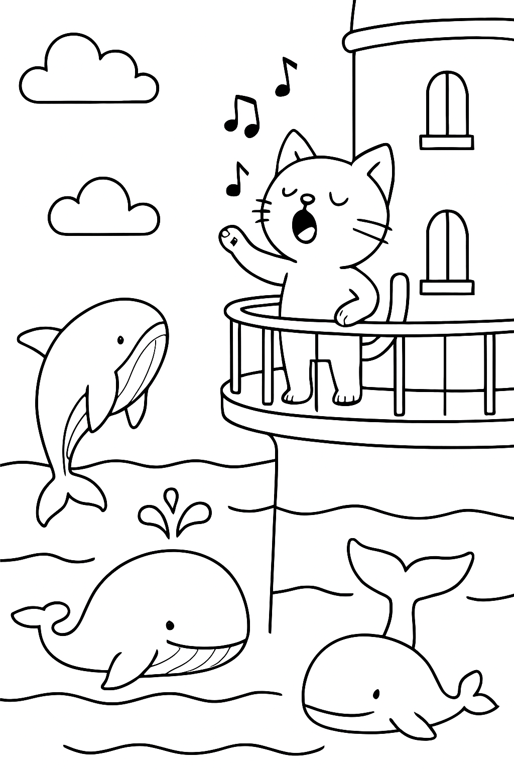 cat serenading whales from lighthouse balcony