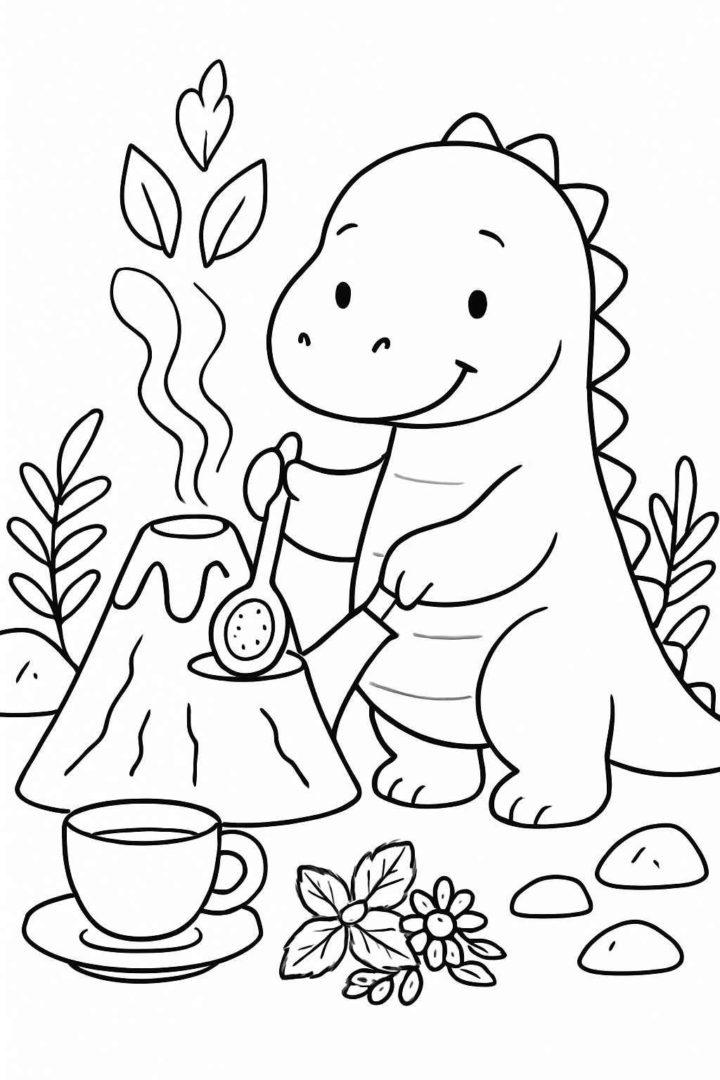 dinosaur brewing herbal tea in volcanic kettle