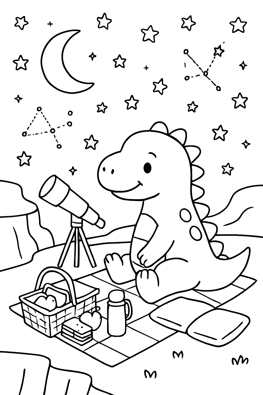 dinosaur hosting a stargazing picnic on cliffs