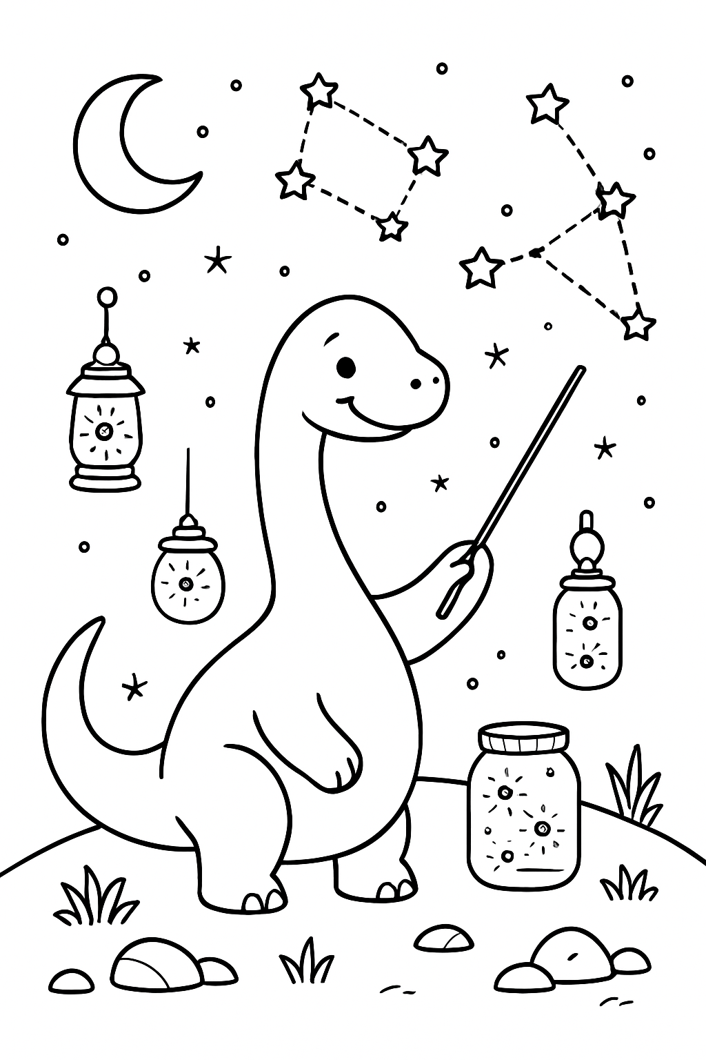 dinosaur mapping constellations with firefly lanterns
