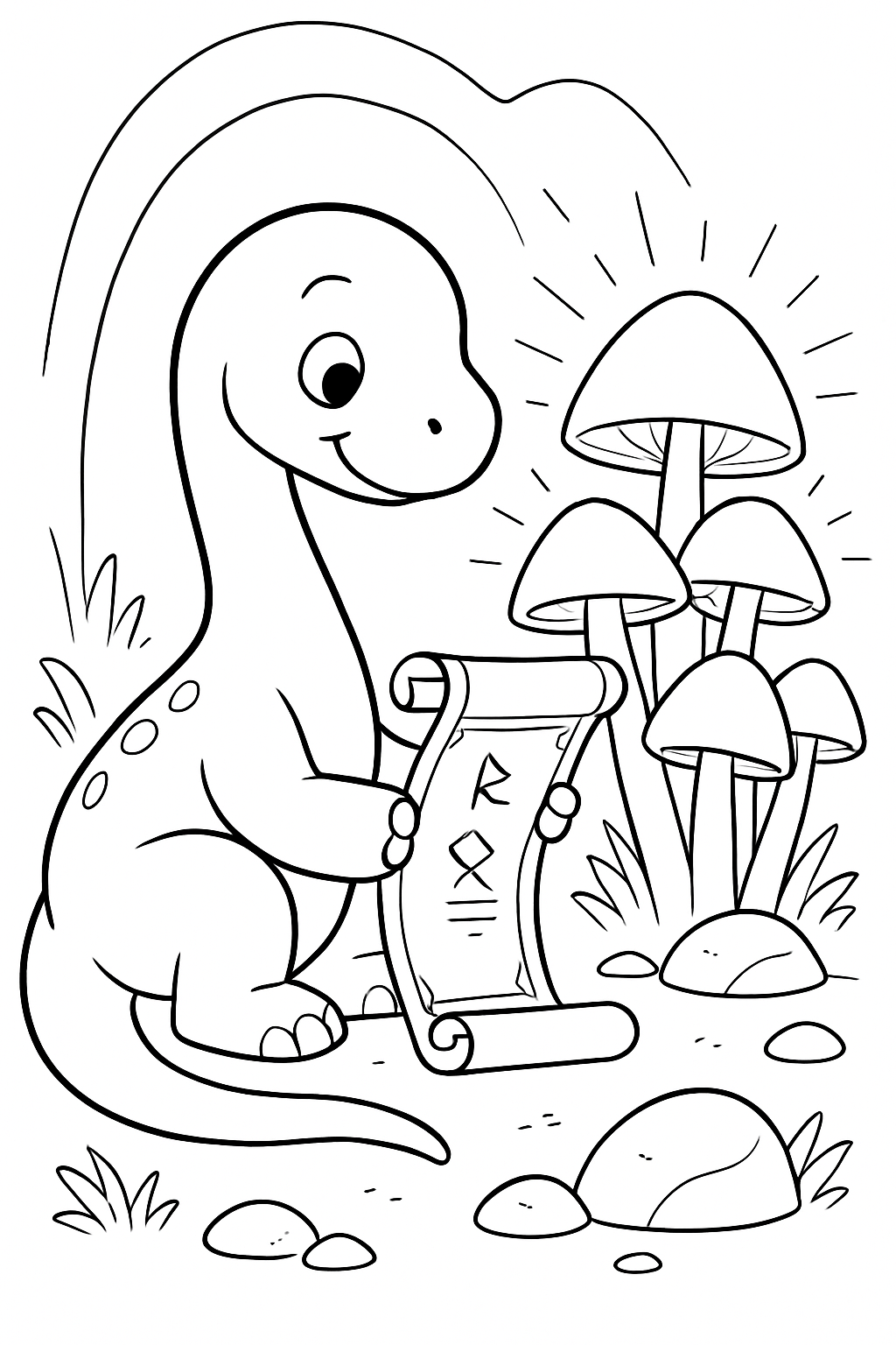 dinosaur reading ancient scrolls by bioluminescent mushrooms