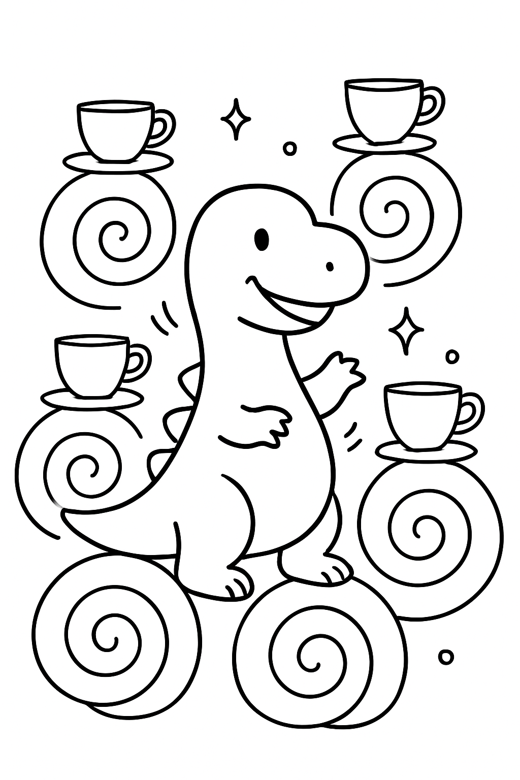 dinosaur balancing teacups on swirling seashells