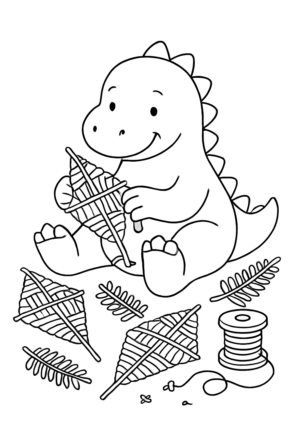 dinosaur weaving kites from rainbow fern fronds