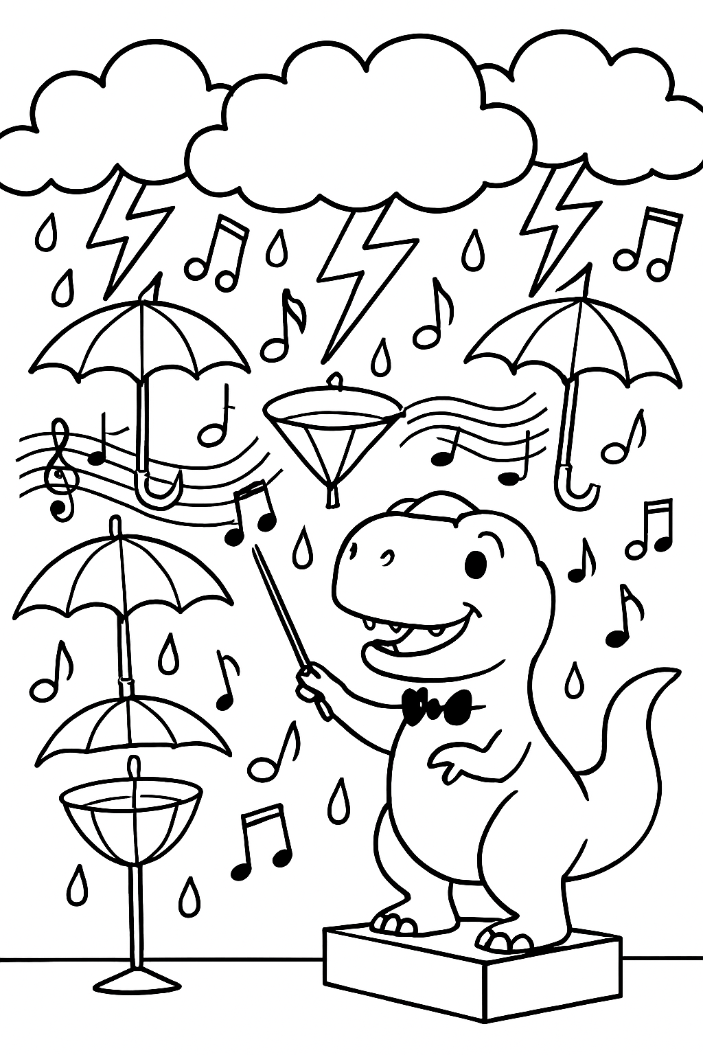 dinosaur orchestrating thunderstorm percussion with umbrellas