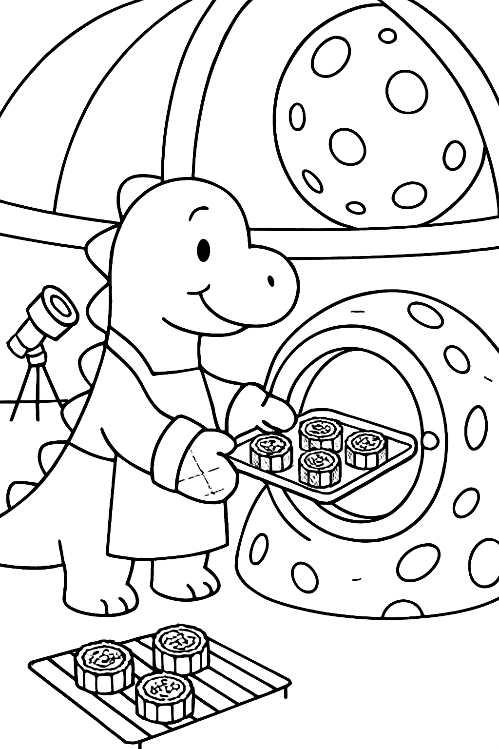 dinosaur baking mooncakes in cratered observatory oven