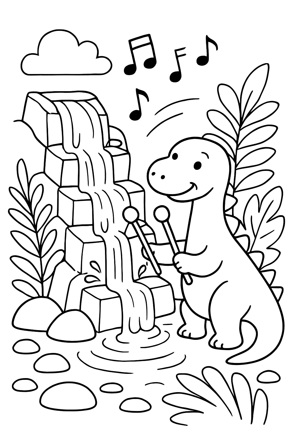 dinosaur composing melodies on waterfall xylophone