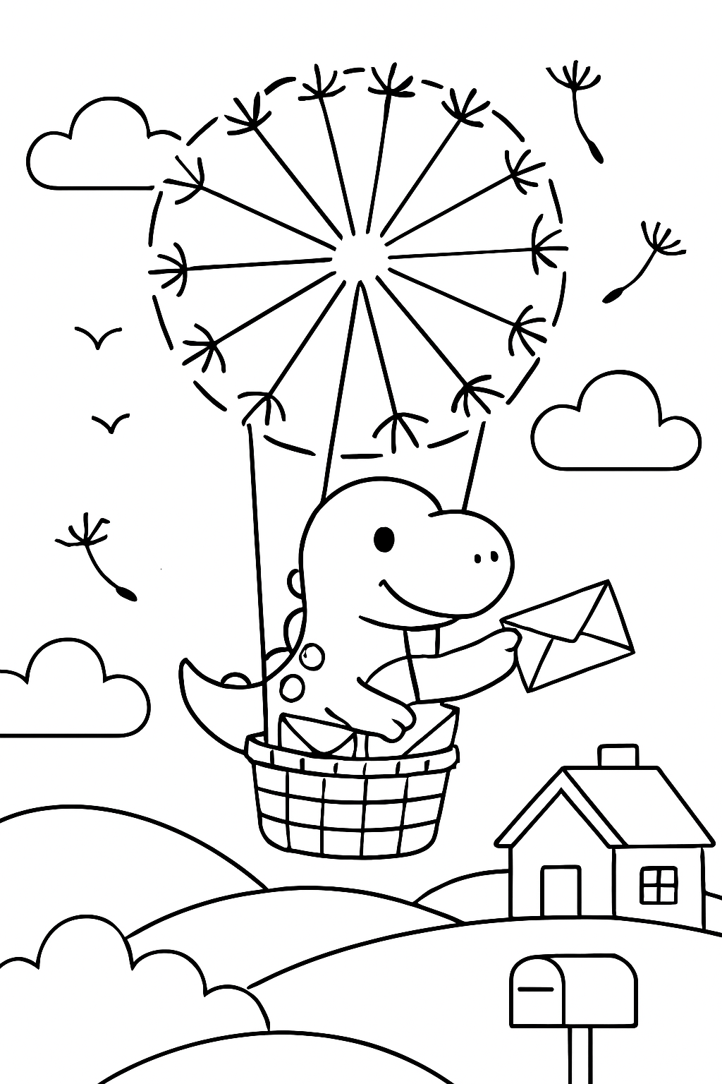 dinosaur delivering letters by hot-air dandelion