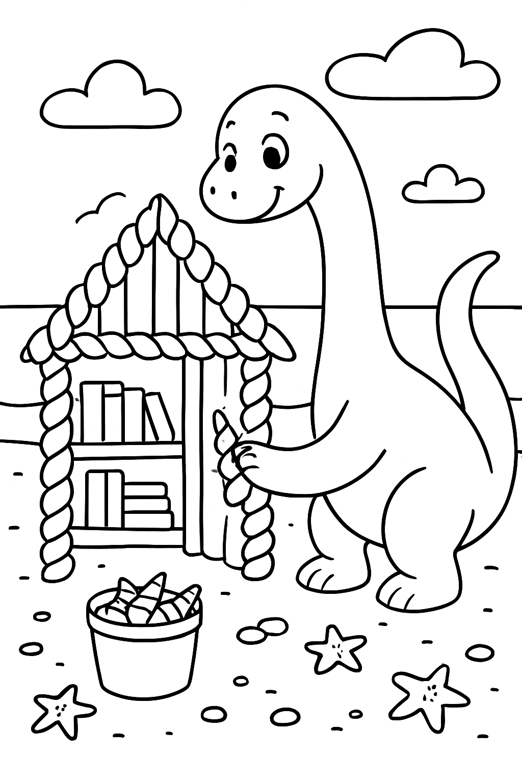 dinosaur building a library from seashell spines