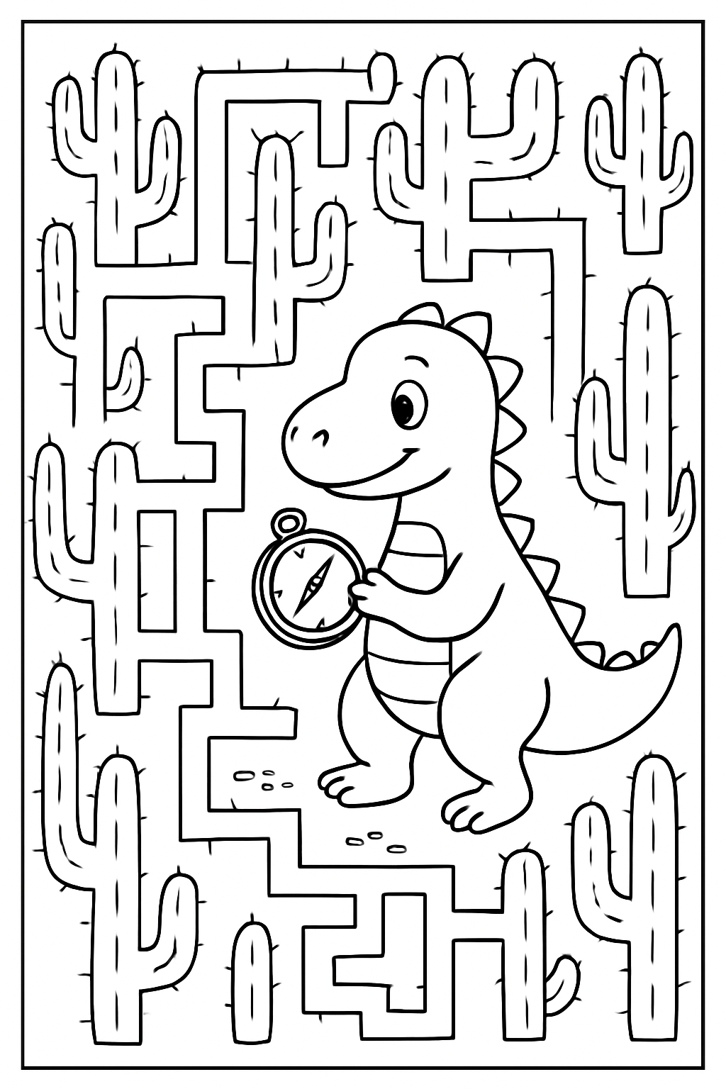 dinosaur navigating labyrinthine cactus maze with compass