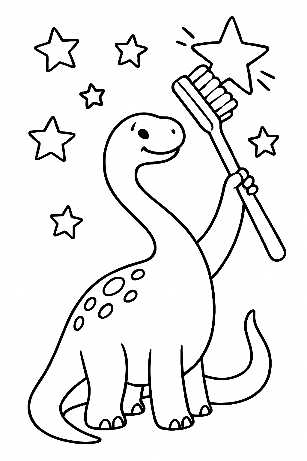 dinosaur polishing stars with comically oversized toothbrush