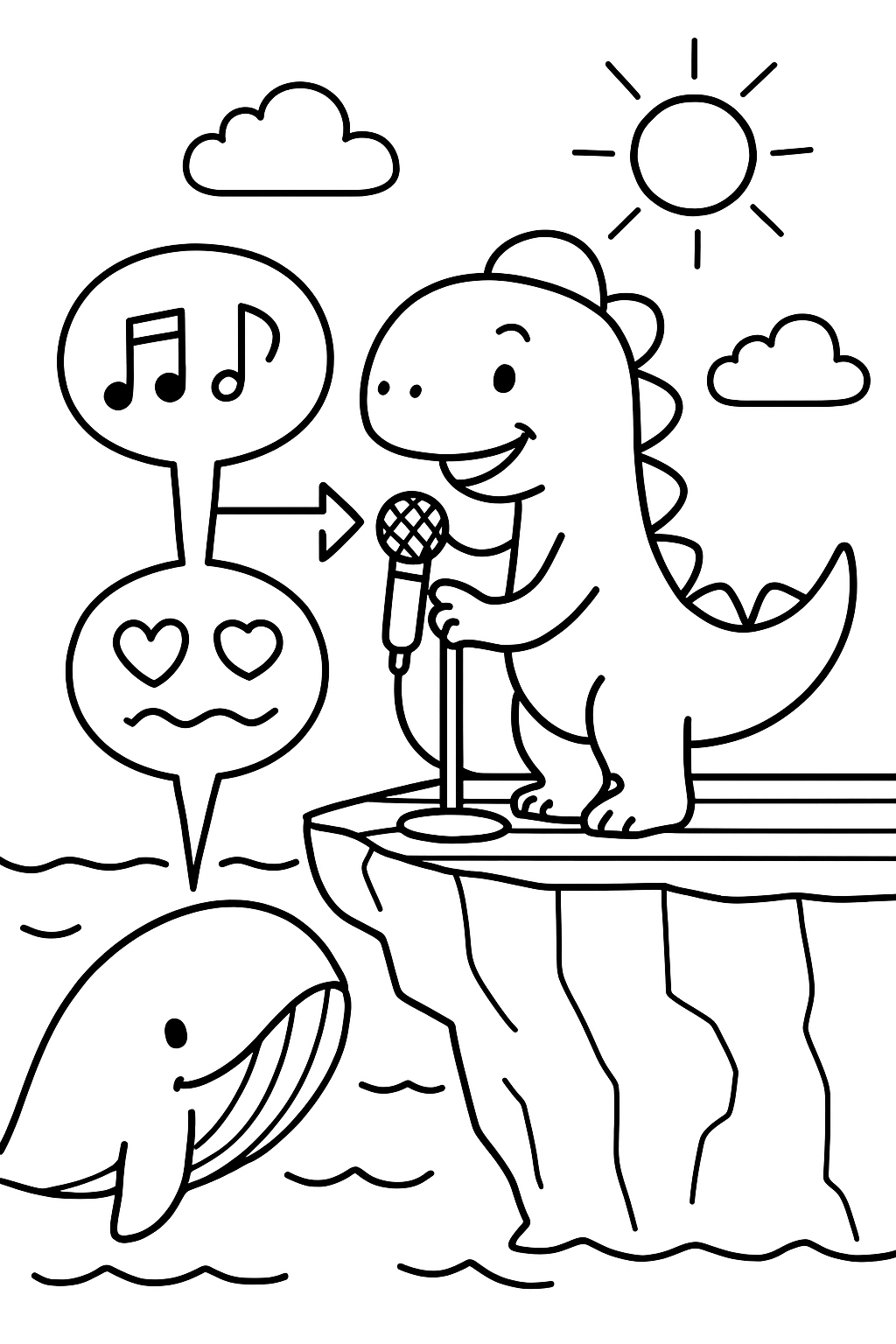 dinosaur translating whale songs on cliffside stage