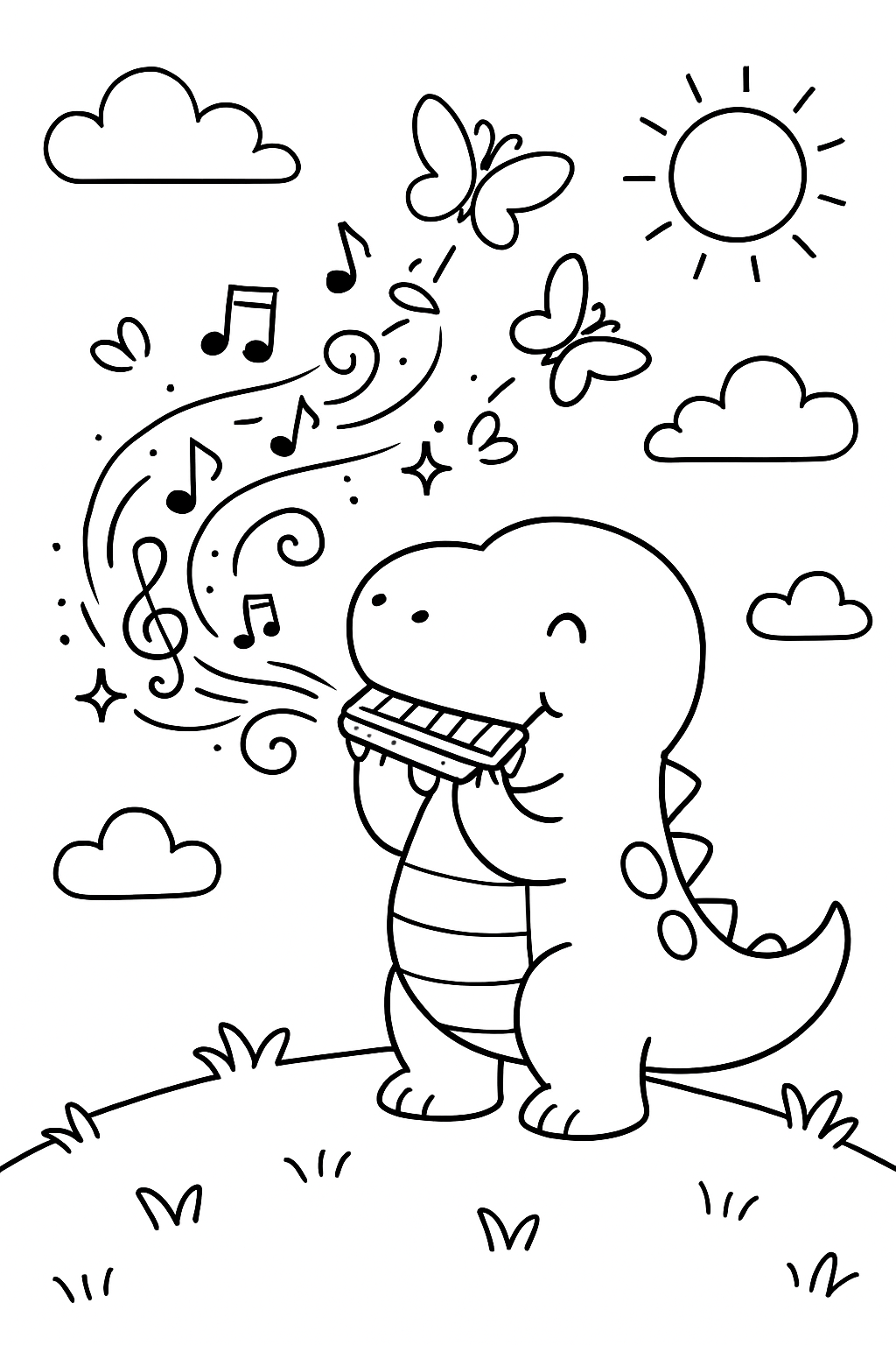 dinosaur summoning butterflies with enchanted harmonica