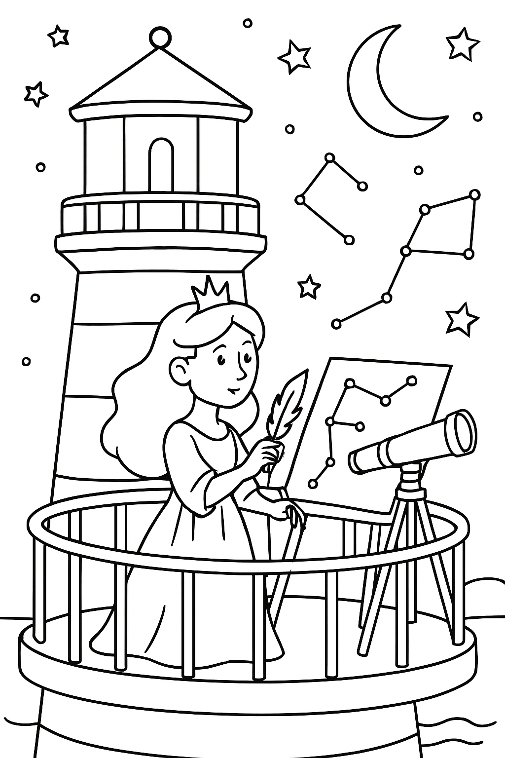 astronomer princess charting constellations atop lighthouse