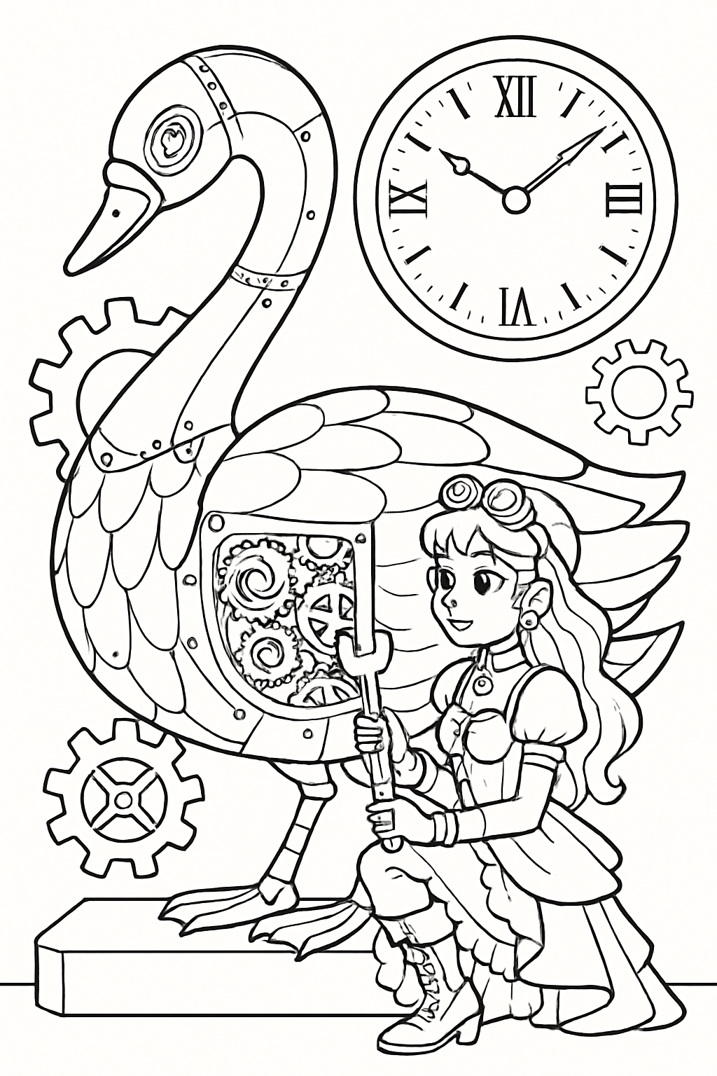 steampunk princess repairing a giant clockwork swan