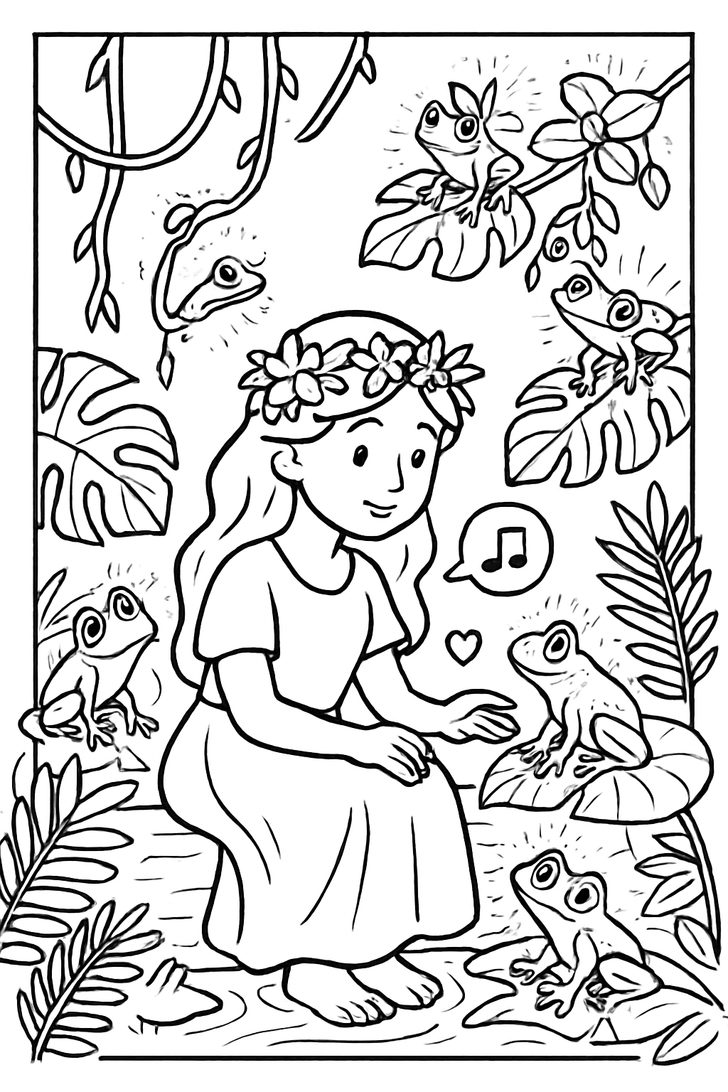 rainforest princess conversing with bioluminescent tree frogs