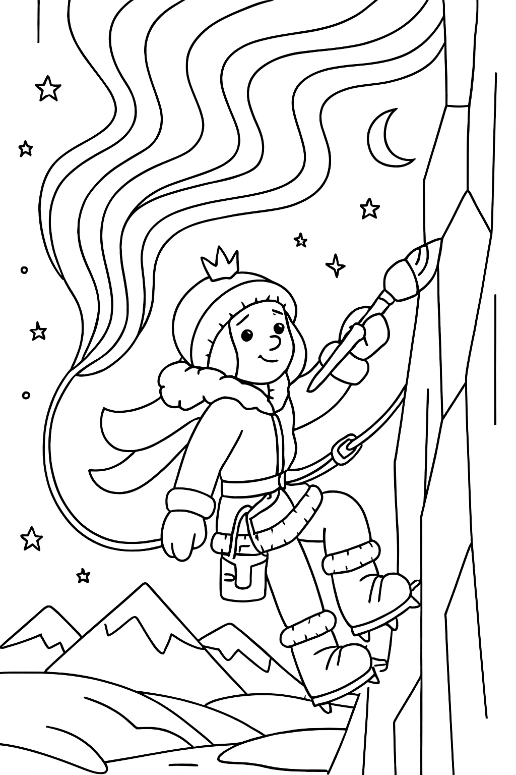 glacier-climbing princess painting auroras on ice