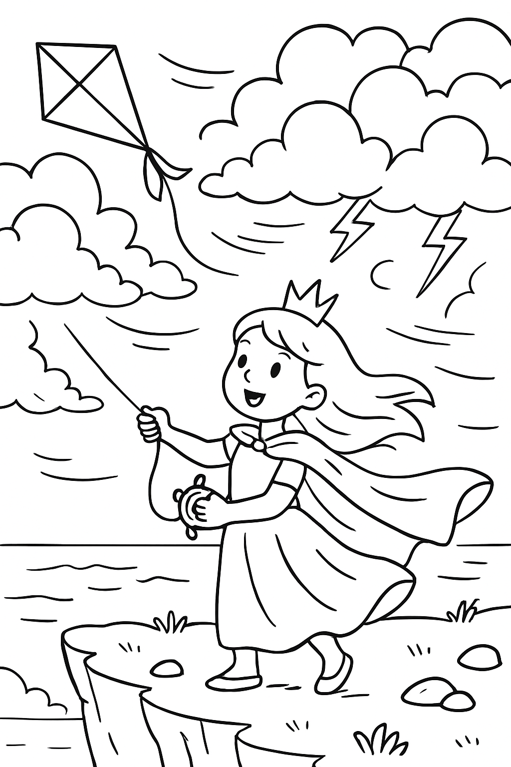 storm-chasing princess flying a kite from cliff