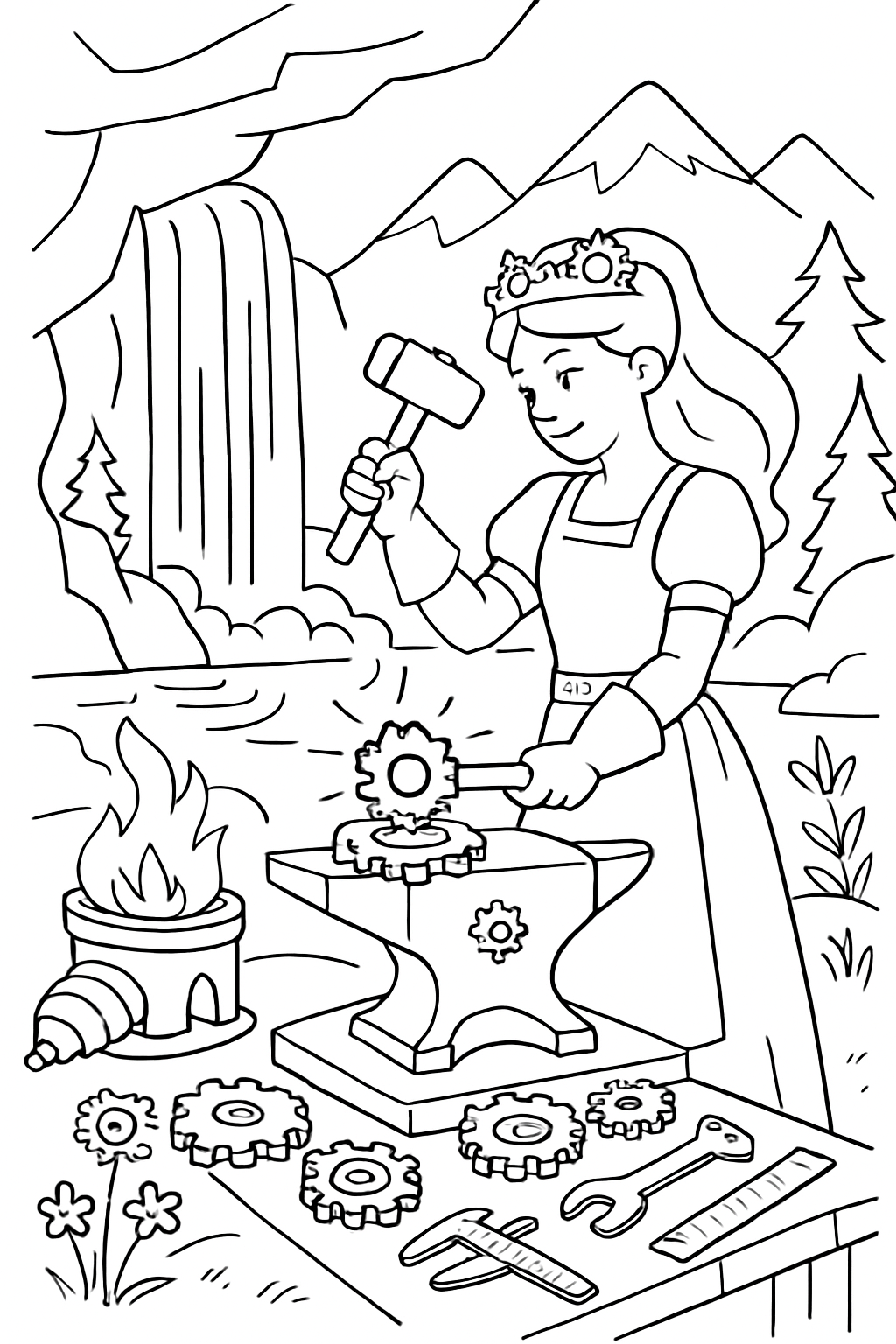 clockmaker princess forging gears beneath mountain waterfall